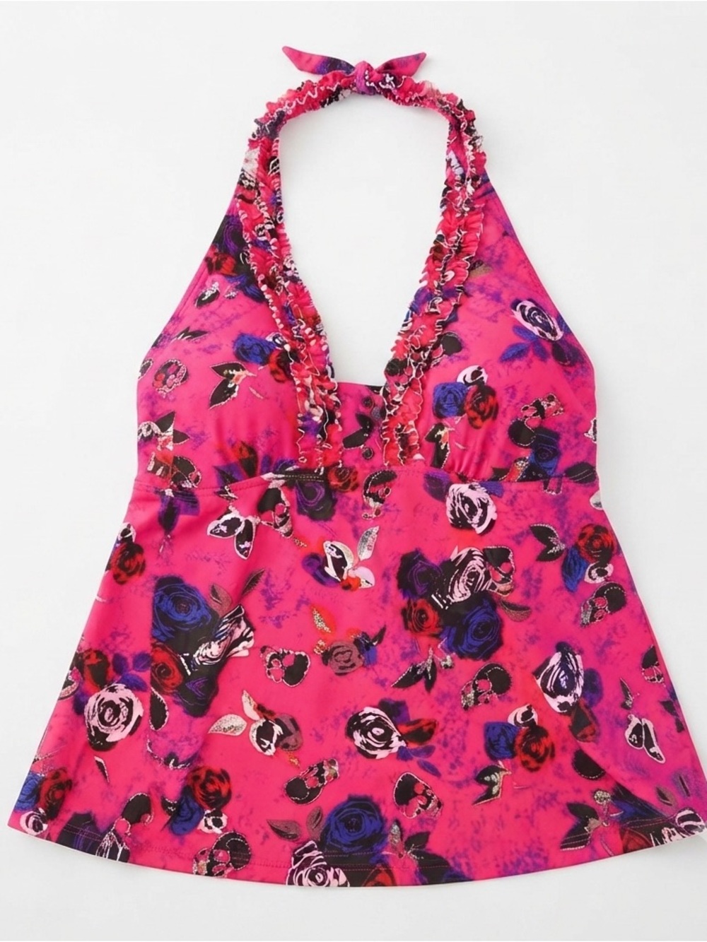 Torrid sz 3 Fuchsia Halter Floral Skulls Tankini Swim Top